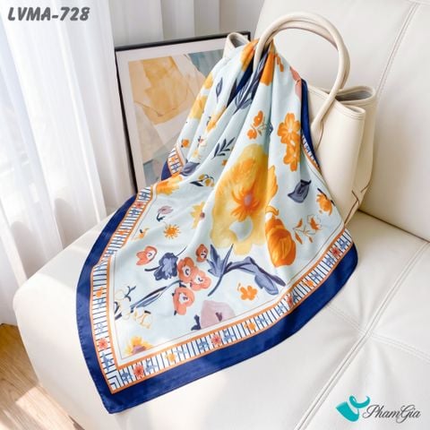 Khăn Lụa Vuông Mia 70*70Cm Họa Tiết Hoa Đồng Nội Phối Viền Xanh Navy (LVMA728)