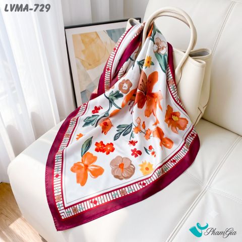 Khăn Lụa Vuông Mia 70*70Cm Họa Tiết Hoa Đồng Nội Phối Viền Đỏ Cherry (LVMA729)