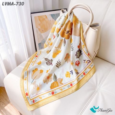 Khăn Lụa Vuông Mia 70*70Cm Họa Tiết Hoa Đồng Nội Phối Viền Vàng Pastel (LVMA730)