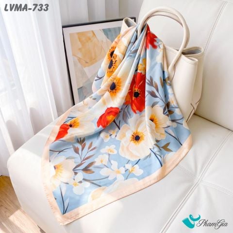 Khăn Lụa Vuông Mia 70*70Cm Họa Tiết Hoa Đương Đại Màu Xanh Pastel (LVMA733)