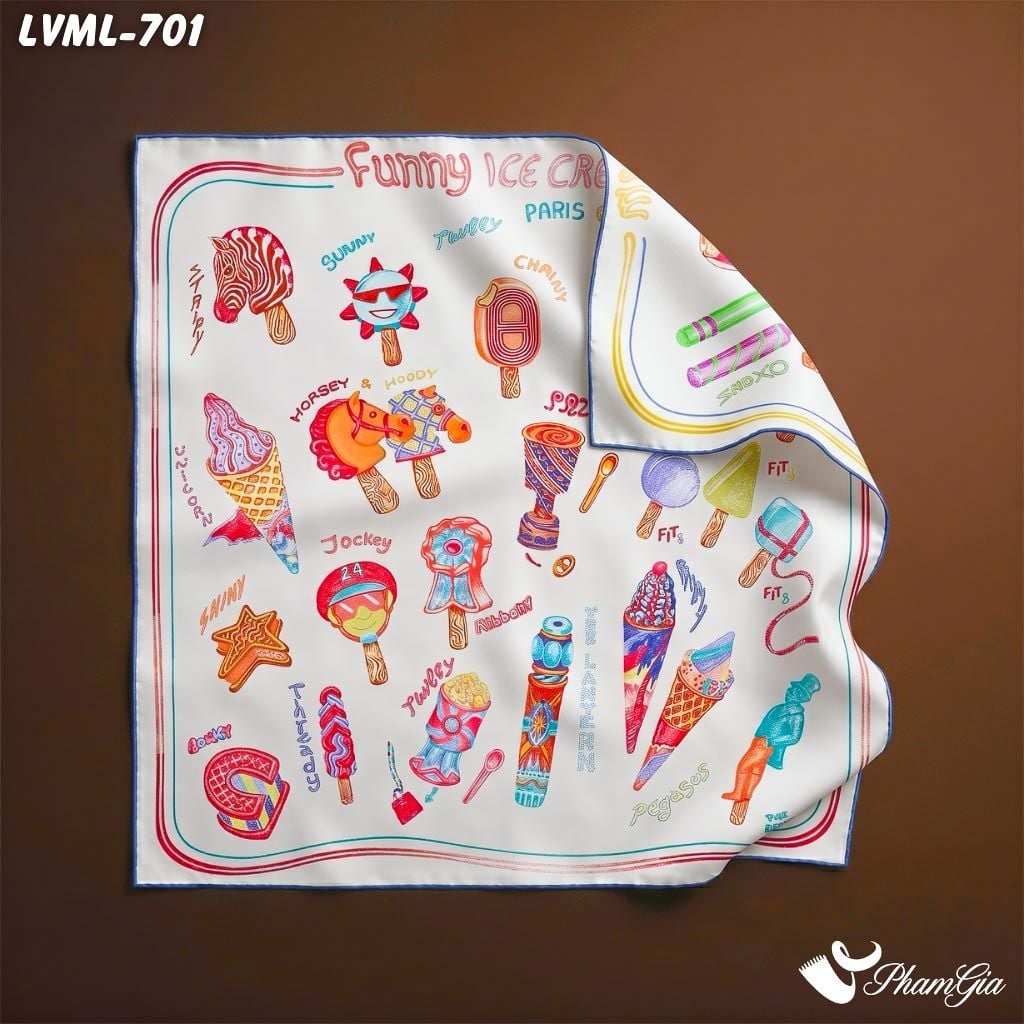 Khăn Lụa Vuông Milan 70*70Cm 2 Mặt Cao Cấp Hoạ Tiết Doodle Màu Trắng Cá Tính (LVML701)
