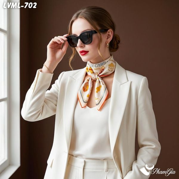 Khăn Lụa Vuông Milan 70*70Cm 2 Mặt Cao Cấp Hoạ Tiết Doodle Màu Beige Cá Tính (LVML702)