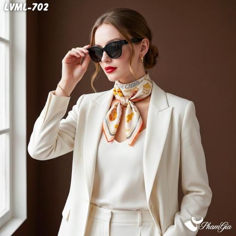 Khăn Lụa Vuông Milan 70*70Cm 2 Mặt Cao Cấp Hoạ Tiết Doodle Màu Beige Cá Tính (LVML702)
