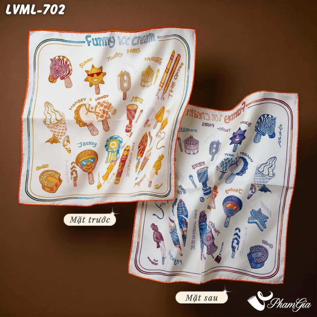 Khăn Lụa Vuông Milan 70*70Cm 2 Mặt Cao Cấp Hoạ Tiết Doodle Màu Beige Cá Tính (LVML702)