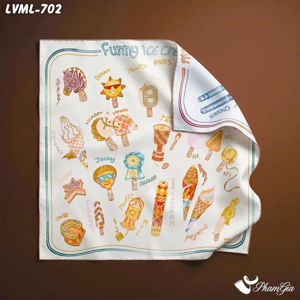 Khăn Lụa Vuông Milan 70*70Cm 2 Mặt Cao Cấp Hoạ Tiết Doodle Màu Beige Cá Tính (LVML702)