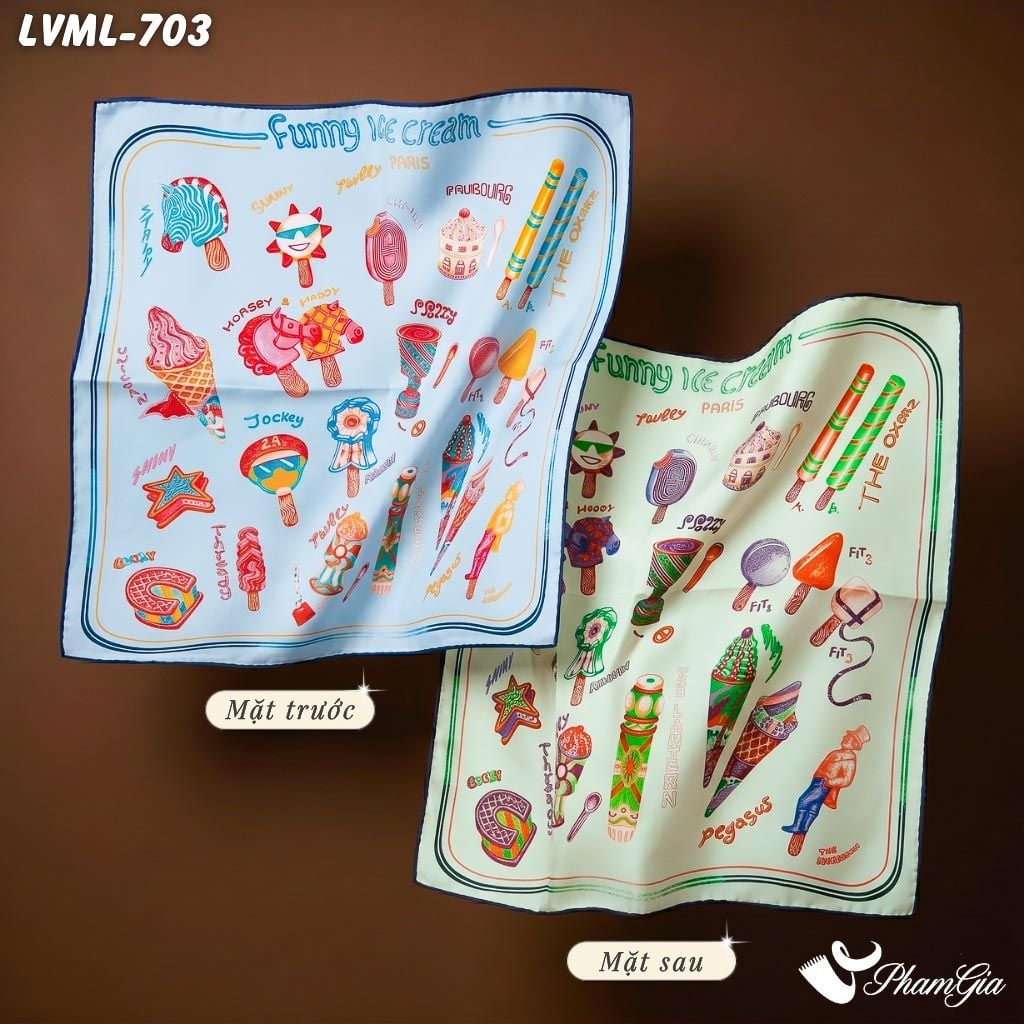 Khăn Lụa Vuông Milan 70*70Cm 2 Mặt Cao Cấp Hoạ Tiết Doodle Màu Xanh Cá Tính (LVML703)