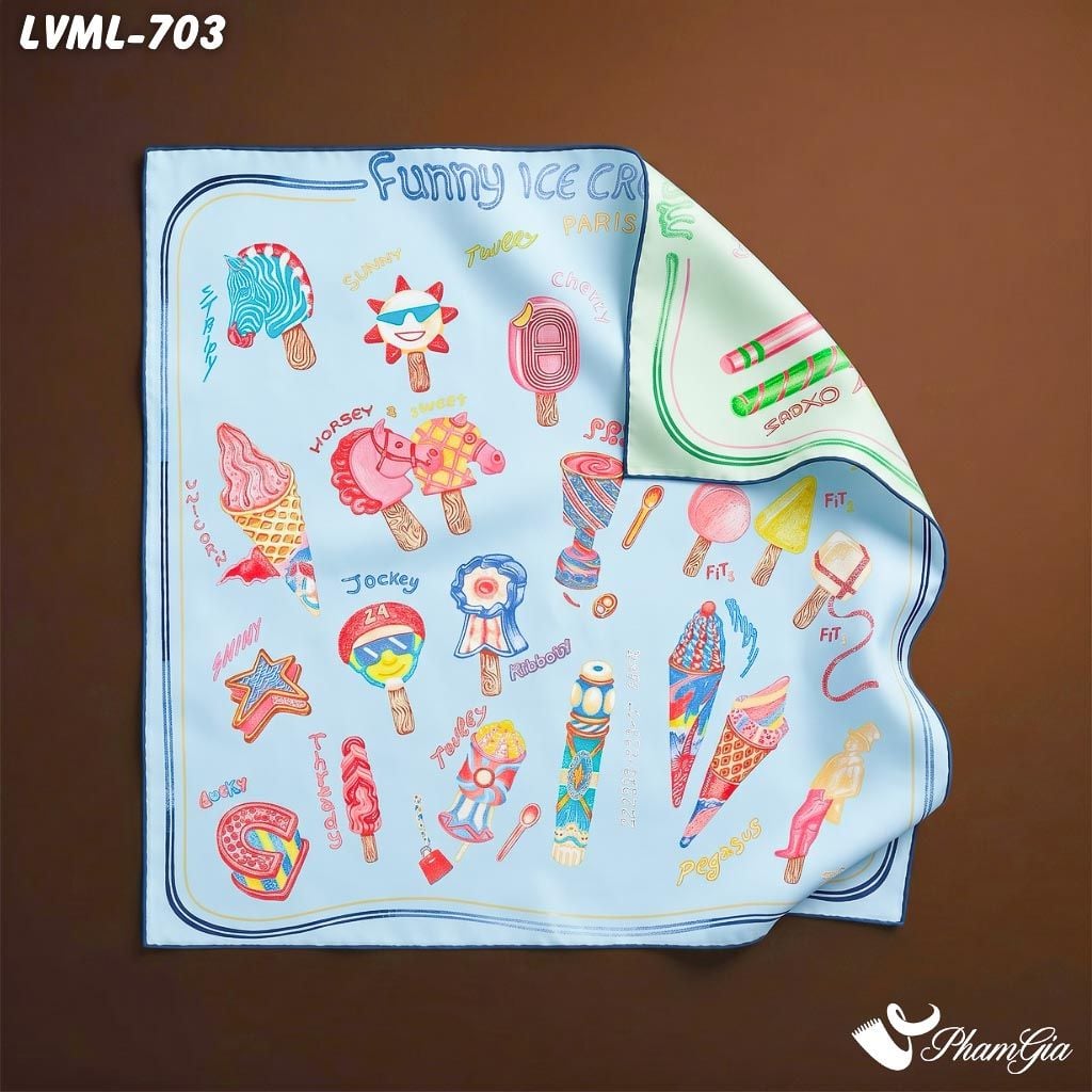 Khăn Lụa Vuông Milan 70*70Cm 2 Mặt Cao Cấp Hoạ Tiết Doodle Màu Xanh Cá Tính (LVML703)