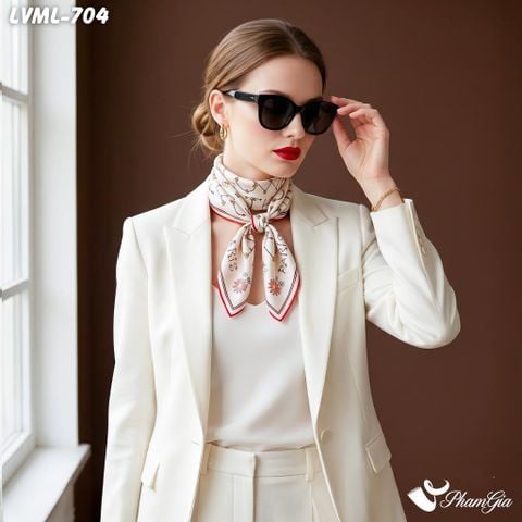 Khăn Lụa Vuông Milan 70*70Cm 2 Mặt Cao Cấp Hoạ Tiết Hoa Nhí Xếp Chữ Màu Kem Thanh Lịch (LVML704)