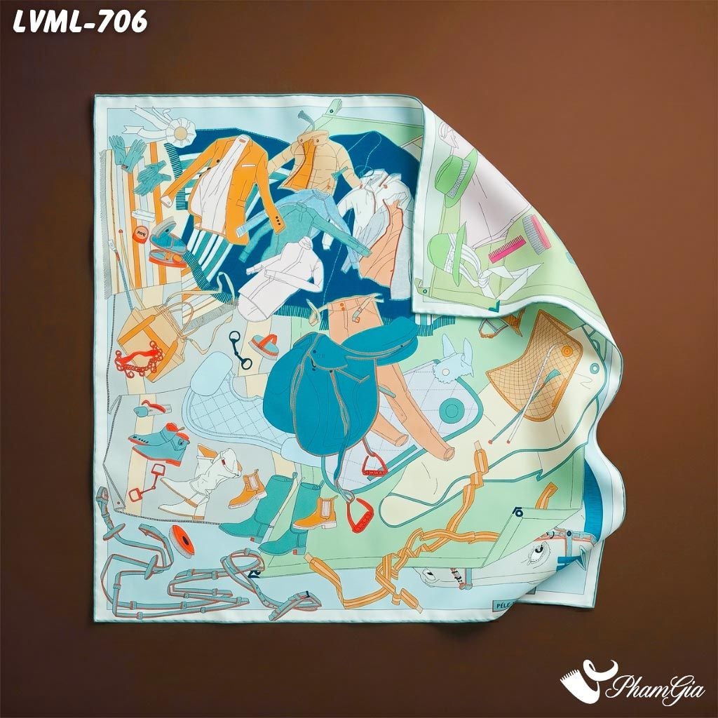 Khăn Lụa Vuông Milan 70*70Cm 2 Mặt Cao Cấp Hoạ Tiết Ký Họa Trang Phục Màu Xanh Hiện Đại (LVML706)