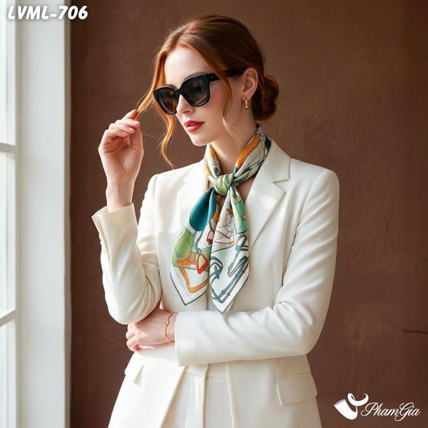 Khăn Lụa Vuông Milan 70*70Cm 2 Mặt Cao Cấp Hoạ Tiết Ký Họa Trang Phục Màu Xanh Hiện Đại (LVML706)
