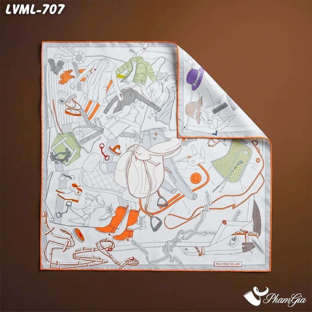 Khăn Lụa Vuông Milan 70*70Cm 2 Mặt Cao Cấp Hoạ Tiết Ký Họa Trang Phục Màu Trắng Hiện Đại (LVML707)