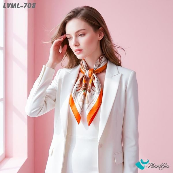 Khăn Lụa Vuông Milan 70*70Cm 2 Mặt Cao Cấp Hoạ Tiết Ngựa Màu Xám Viền Cam Hiện Đại (LVML708)