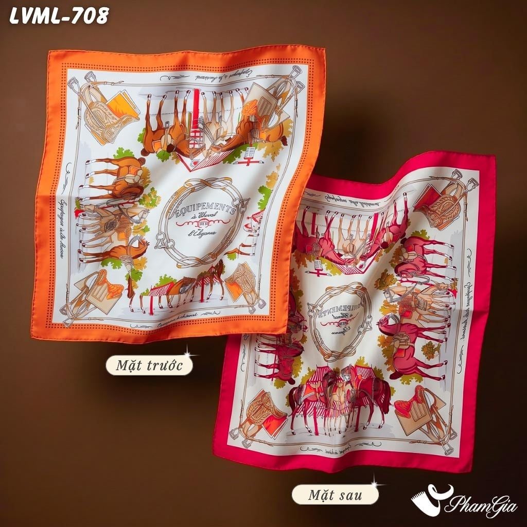 Khăn Lụa Vuông Milan 70*70Cm 2 Mặt Cao Cấp Hoạ Tiết Ngựa Màu Xám Viền Cam Hiện Đại (LVML708)