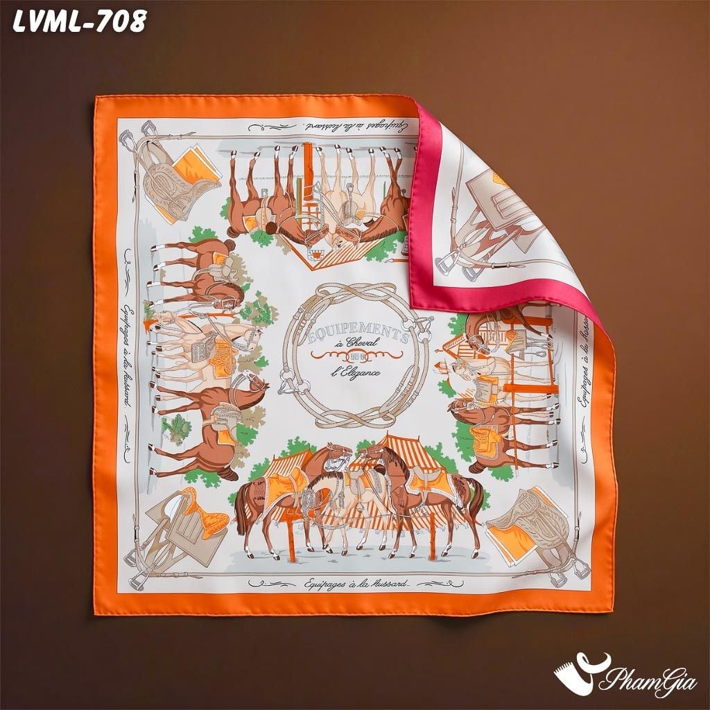Khăn Lụa Vuông Milan 70*70Cm 2 Mặt Cao Cấp Hoạ Tiết Ngựa Màu Xám Viền Cam Hiện Đại (LVML708)