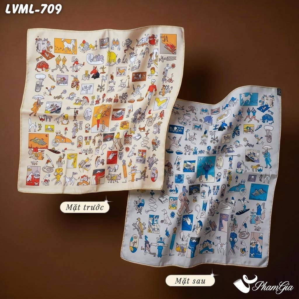 Khăn Lụa Vuông Milan 70*70Cm 2 Mặt Cao Cấp Hoạ Tiết Doodle Hoạt Hình Màu Vàng Beige Cá Tính (LVML709)