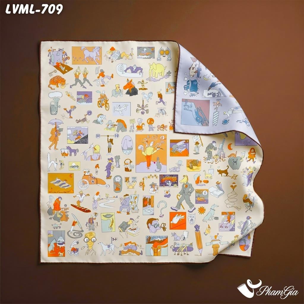 Khăn Lụa Vuông Milan 70*70Cm 2 Mặt Cao Cấp Hoạ Tiết Doodle Hoạt Hình Màu Vàng Beige Cá Tính (LVML709)