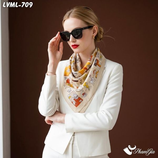 Khăn Lụa Vuông Milan 70*70Cm 2 Mặt Cao Cấp Hoạ Tiết Doodle Hoạt Hình Màu Vàng Beige Cá Tính (LVML709)