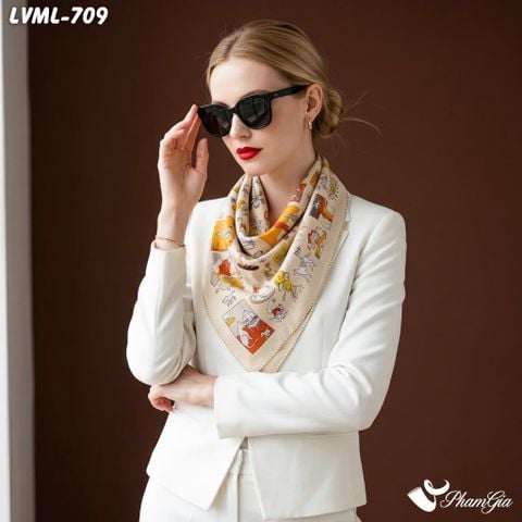 Khăn Lụa Vuông Milan 70*70Cm 2 Mặt Cao Cấp Hoạ Tiết Doodle Hoạt Hình Màu Vàng Beige Cá Tính (LVML709)
