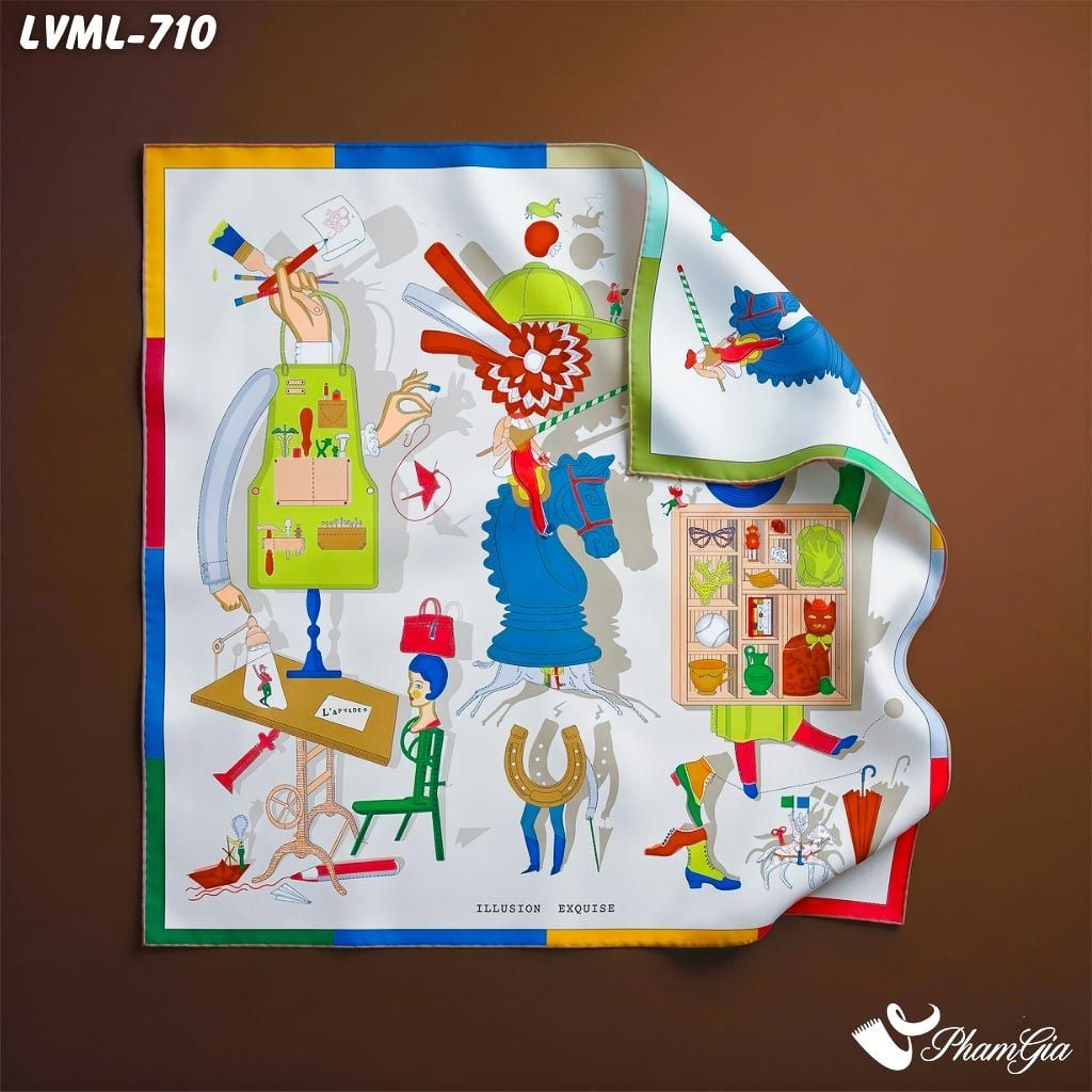Khăn Lụa Vuông Milan 70*70Cm 2 Mặt Cao Cấp Hoạ Tiết Ký Họa Tự Do Phối Nhiều Màu Ấn Tượng (LVML710)