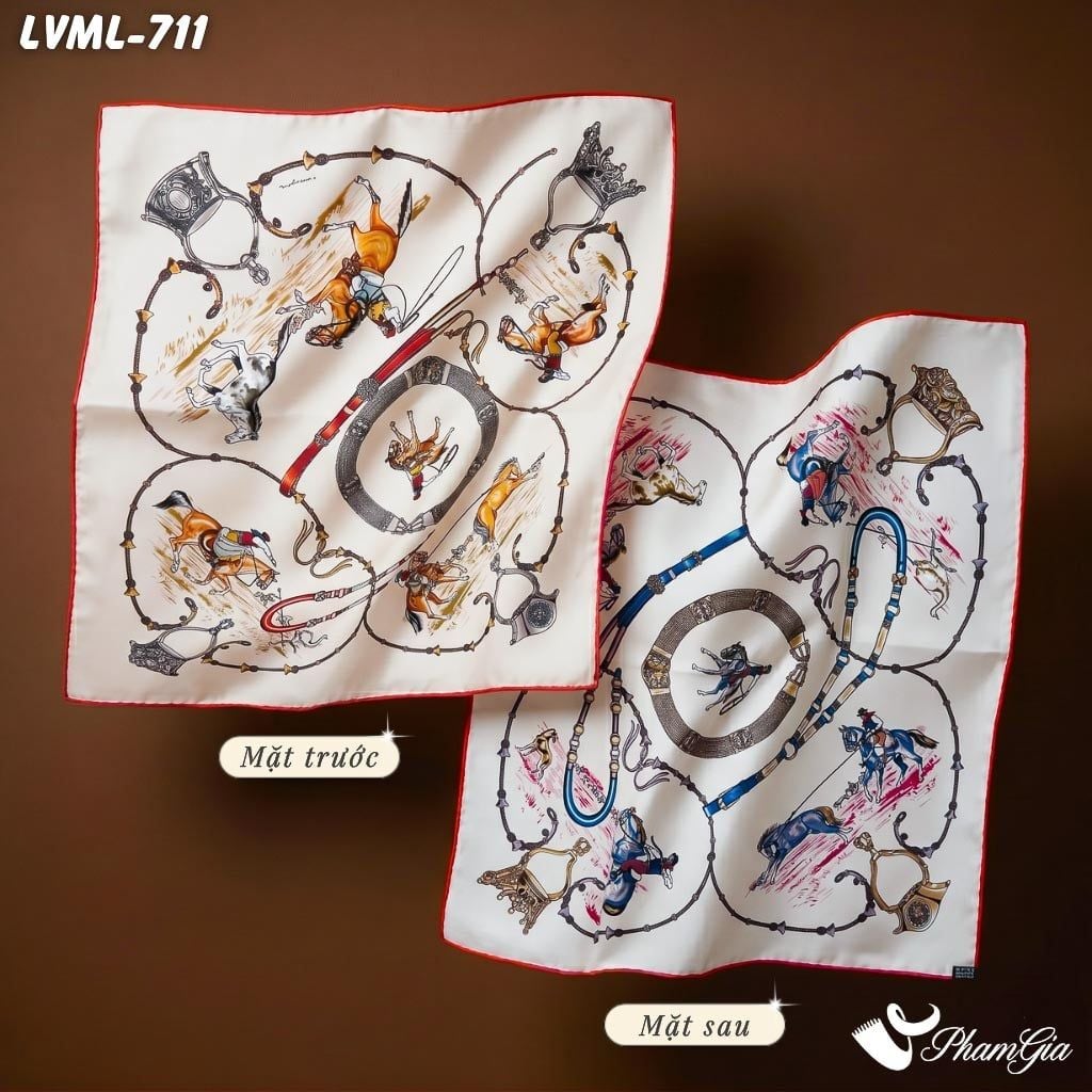 Khăn Lụa Vuông Milan 70*70Cm 2 Mặt Cao Cấp Hoạ Tiết Kỵ Sĩ Màu Kem Hiện Đại (LVML711)