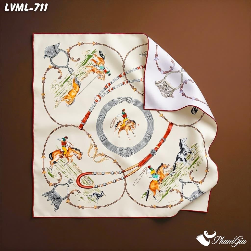 Khăn Lụa Vuông Milan 70*70Cm 2 Mặt Cao Cấp Hoạ Tiết Kỵ Sĩ Màu Kem Hiện Đại (LVML711)