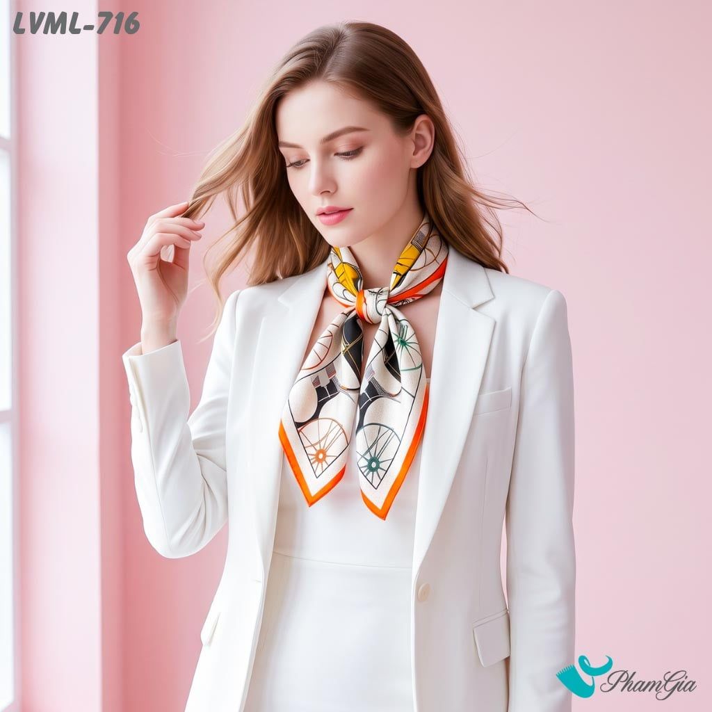 Khăn Lụa Vuông Milan 70*70Cm 2 Mặt Cao Cấp Hoạ Tiết Bánh Xe Cổ Điển Màu Trắng Viền Cam Cổ Điển (LVML716)