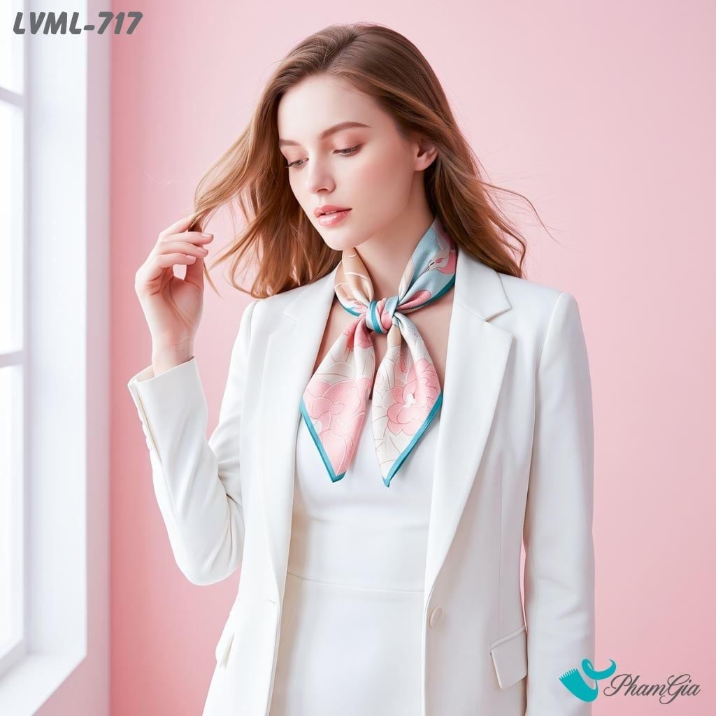 Khăn Lụa Vuông Milan 70*70Cm 2 Mặt Cao Cấp Hoạ Tiết Ngựa Và Hoa Màu Hồng Phấn Phối Xanh Pastel Thơ Mộng (LVML717)