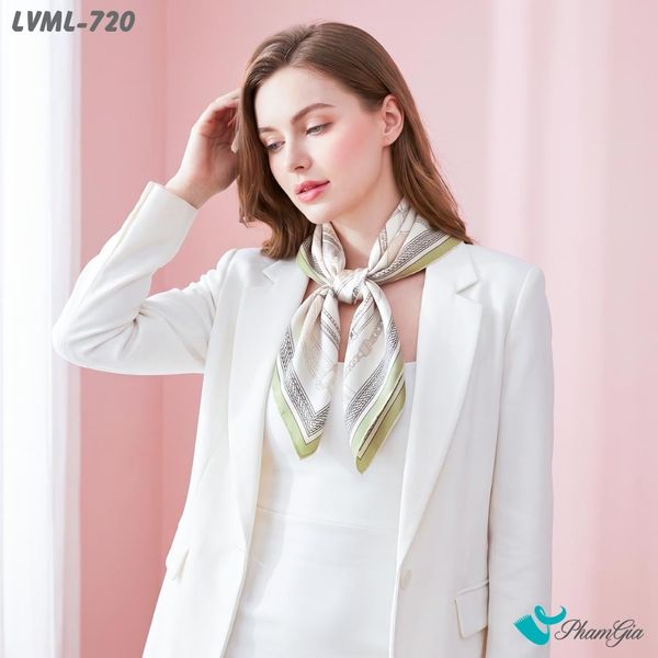 Khăn Lụa Vuông Milan 70*70Cm 2 Mặt Cao Cấp Hoạ Tiết Dây Chuyền Nghệ Thuật Màu Trắng Ngọc Trai (LVML720)