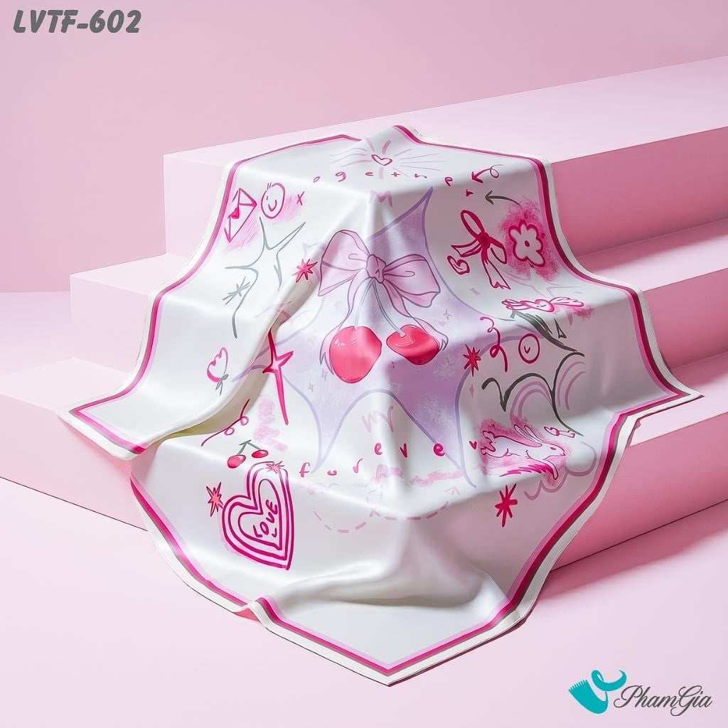Khăn Lụa Vuông Tiffany 70*70Cm Họa Tiết Vẽ Tay Phong Cách Y2K Màu Hồng Dâu (LVTF602)