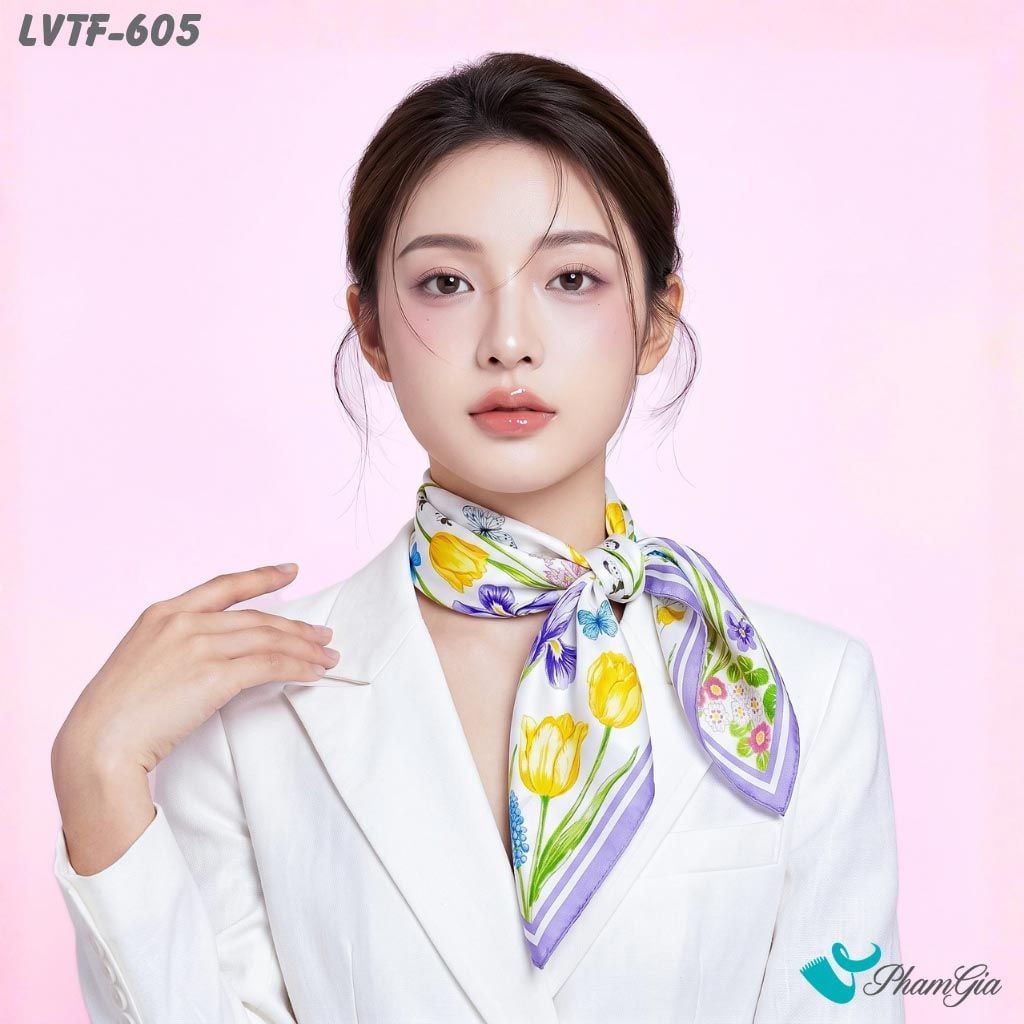 Khăn Lụa Vuông Tiffany 70*70Cm Họa Tiết Hoa Hoa Diên Vĩ Màu Tím (LVTF605)
