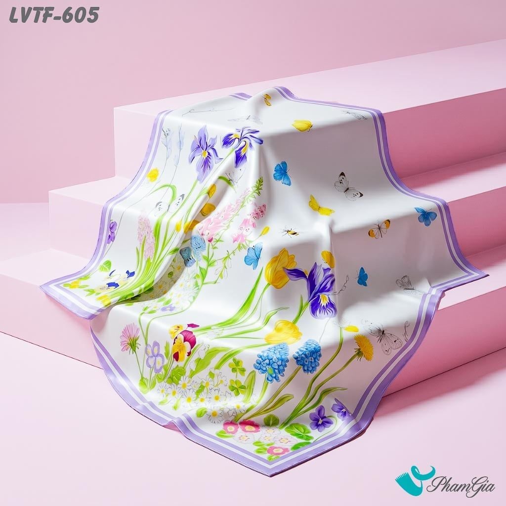 Khăn Lụa Vuông Tiffany 70*70Cm Họa Tiết Hoa Hoa Diên Vĩ Màu Tím (LVTF605)