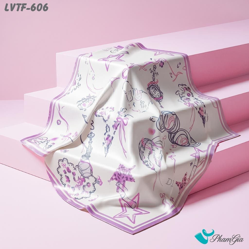 Khăn Lụa Vuông Tiffany 70*70Cm Họa Tiết Vẽ Tay Phong Cách Y2K Màu Hồng Đất (LVTF606)