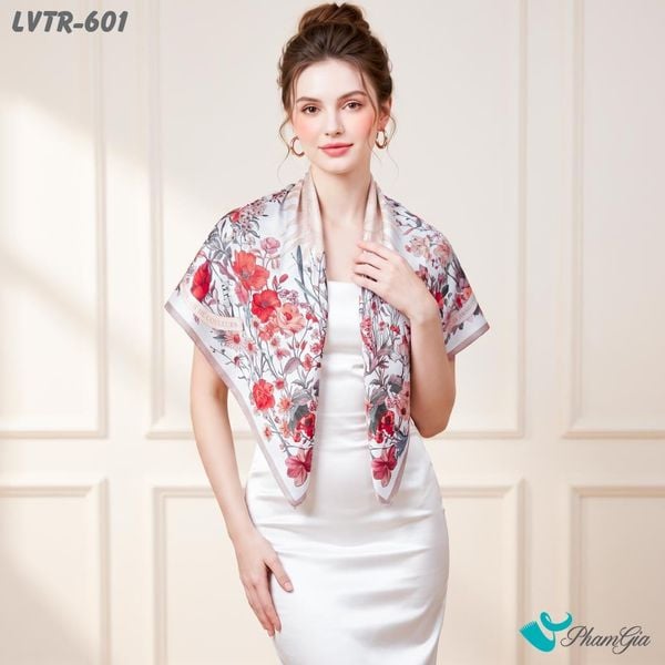 Khăn Lụa Vuông Tiera 90*90Cm Cao Cấp Họa Tiết Vườn Hoa Phục Hưng Màu Cam Đất (LVTR601)