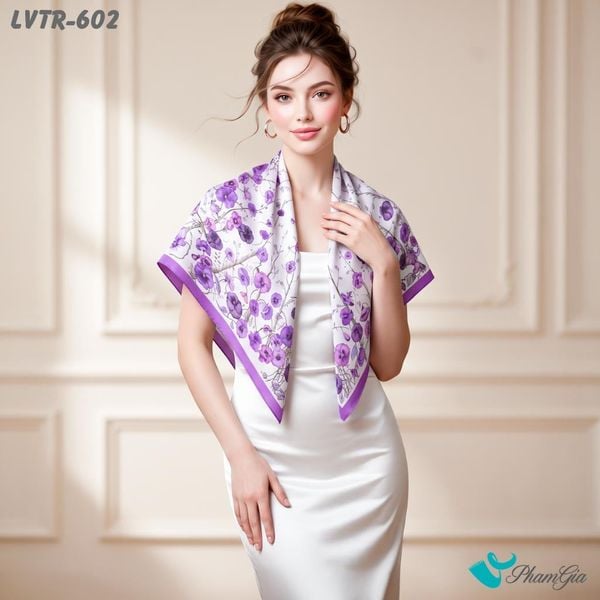 Khăn Lụa Vuông Tiera 90*90Cm Cao Cấp Họa Tiết Hoa Pansy Màutím Lilac (LVTR602)