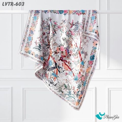 Khăn Lụa Vuông Tiera 90*90Cm Cao Cấp Họa Tiết Vườn Địa Đàn Tone Trắng Xám (LVTR603)
