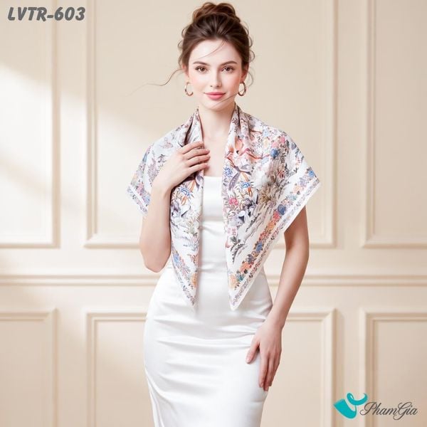 Khăn Lụa Vuông Tiera 90*90Cm Cao Cấp Họa Tiết Vườn Địa Đàn Tone Trắng Xám (LVTR603)