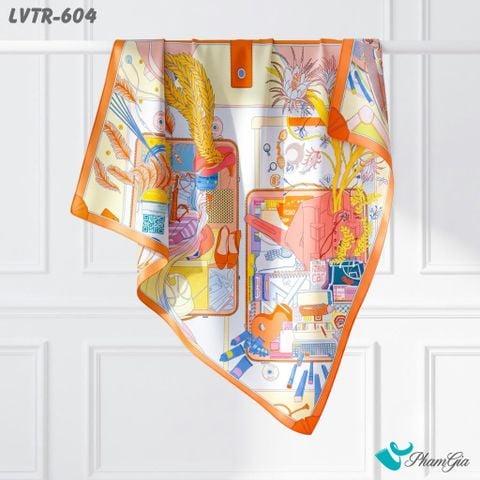 Khăn Lụa Vuông Tiera 90*90Cm Cao Cấp Họa Tiết Rương Cổ Điển Màu Cam (LVTR604)