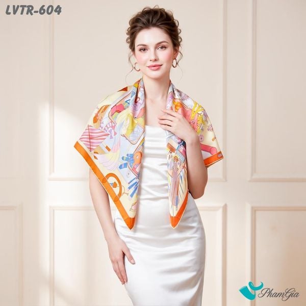Khăn Lụa Vuông Tiera 90*90Cm Cao Cấp Họa Tiết Rương Cổ Điển Màu Cam (LVTR604)