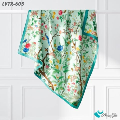 Khăn Lụa Vuông Tiera 90*90Cm Cao Cấp Họa Tiết Khu Vườn Mùa Xuân Màu Xanh Aqua (LVTR605)