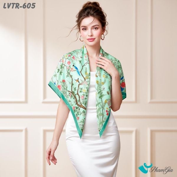Khăn Lụa Vuông Tiera 90*90Cm Cao Cấp Họa Tiết Khu Vườn Mùa Xuân Màu Xanh Aqua (LVTR605)