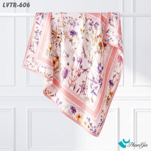 Khăn Lụa Vuông Tiera 90*90Cm Cao Cấp Họa Tiết Hoa Đồng Nội Điểm Chuồn Chuồn Màu Trắng Kem Phối Viền Hồng (LVTR606)