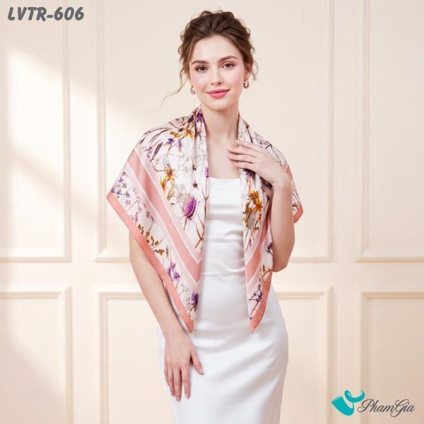 Khăn Lụa Vuông Tiera 90*90Cm Cao Cấp Họa Tiết Hoa Đồng Nội Điểm Chuồn Chuồn Màu Trắng Kem Phối Viền Hồng (LVTR606)