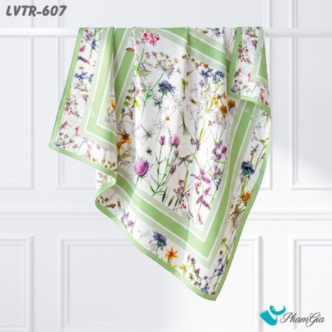 Khăn Lụa Vuông Tiera 90*90Cm Cao Cấp Họa Tiết Hoa Đồng Nội Điểm Chuồn Chuồn Màu Trắng Kem Phối Viền Xanh (LVTR607)