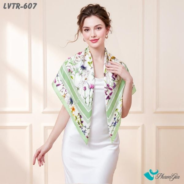 Khăn Lụa Vuông Tiera 90*90Cm Cao Cấp Họa Tiết Hoa Đồng Nội Điểm Chuồn Chuồn Màu Trắng Kem Phối Viền Xanh (LVTR607)