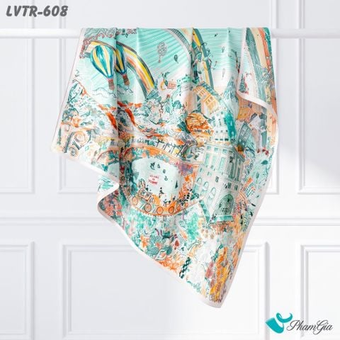 Khăn Lụa Vuông Tiera 90*90Cm Cao Cấp Họa Tiết Thành Phố Kỳ Ảo Màu Xanh Pastel (LVTR608)