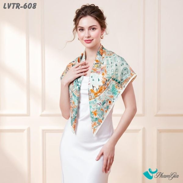 Khăn Lụa Vuông Tiera 90*90Cm Cao Cấp Họa Tiết Thành Phố Kỳ Ảo Màu Xanh Pastel (LVTR608)