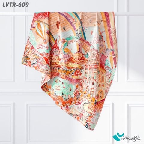 Khăn Lụa Vuông Tiera 90*90Cm Cao Cấp Họa Tiết Thành Phố Kỳ Ảo Màu Cam (LVTR609)