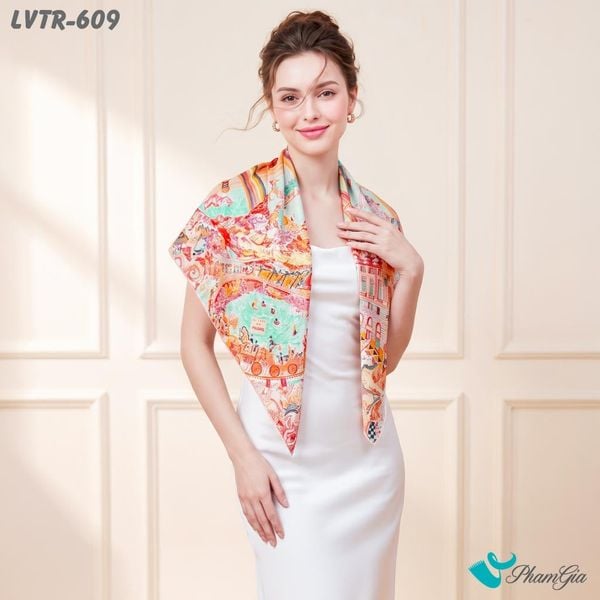 Khăn Lụa Vuông Tiera 90*90Cm Cao Cấp Họa Tiết Thành Phố Kỳ Ảo Màu Cam (LVTR609)