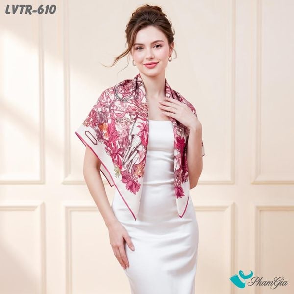 Khăn Lụa Vuông Tiera 90*90Cm Cao Cấp Họa Tiết Safari Nhiệt Đới Tone Hồng Nude (LVTR610)