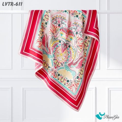 Khăn Lụa Vuông Tiera 90*90Cm Cao Cấp Họa Tiết Kính Vạn Hoa Cổ Điển Nhấn Viền Đỏ Burgundy (LVTR611)
